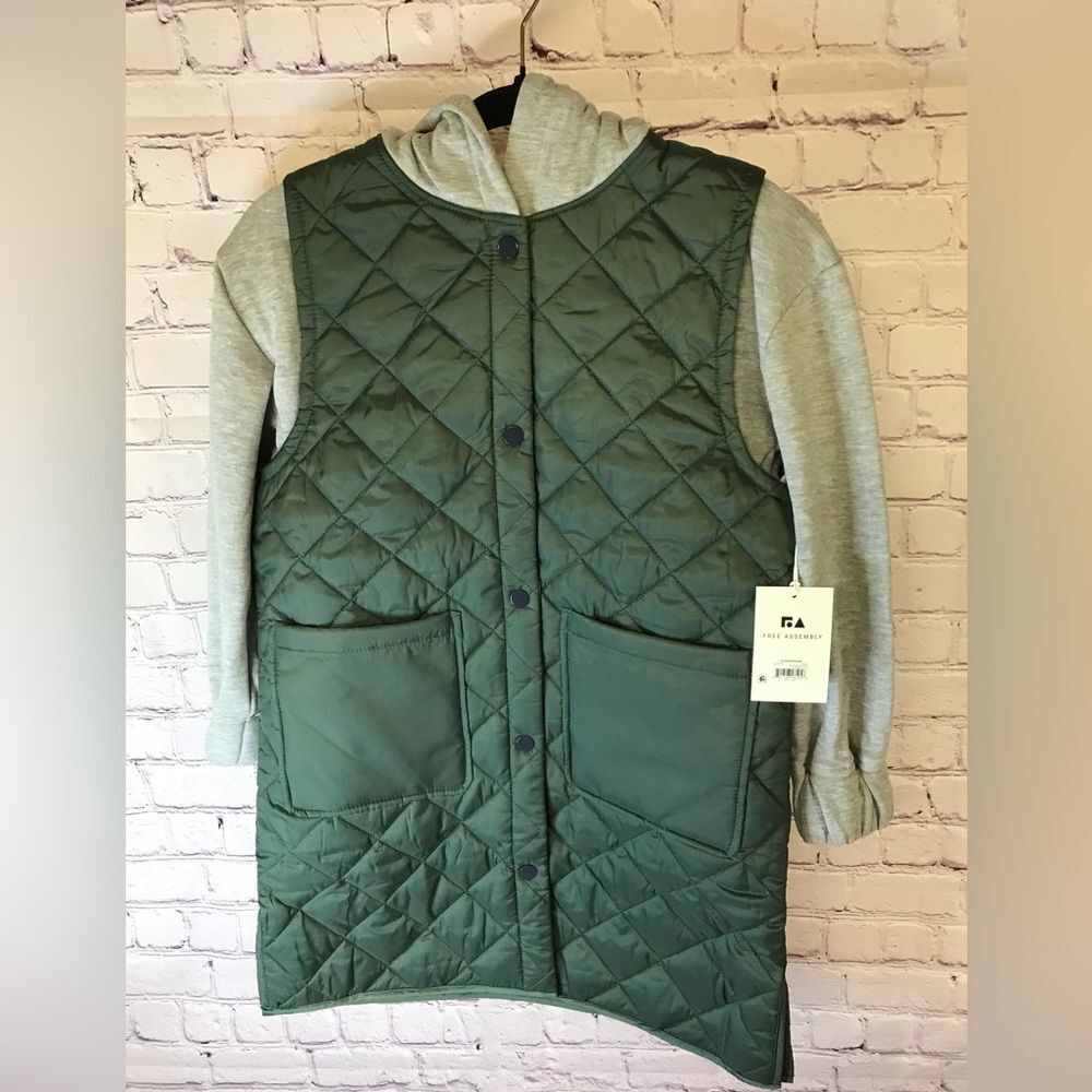 Free Assembly Green Gray Quilted Long Puffer Hoodie Jacket for Girls Size 7/8
